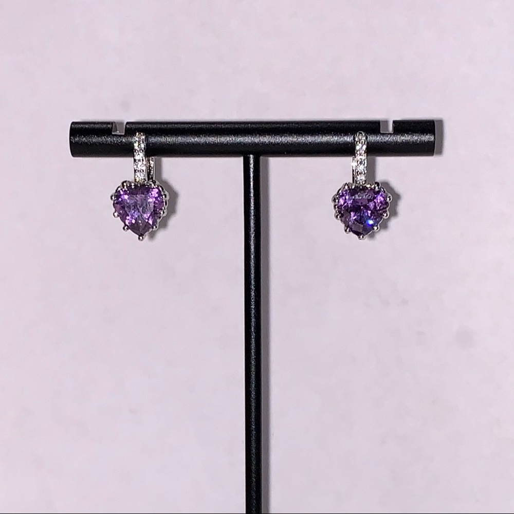 Silver Heart Purple Cubic Zirconia Hoop Earrings Huggie Earrings